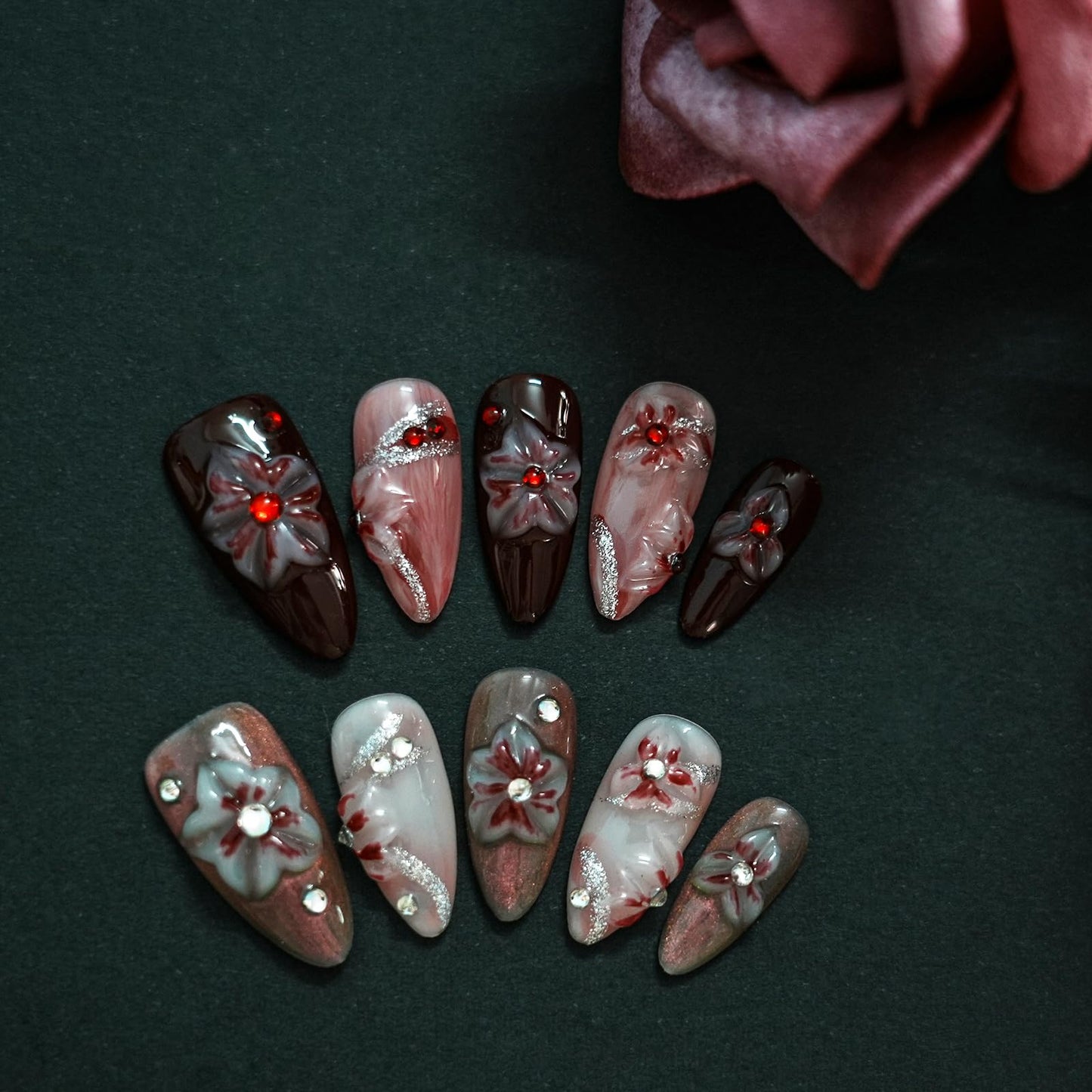 Tesytto Handmade Floral Press on Nails - Medium Almond 3D Embossed Rhinestones & Red Ombre, Thick Acrylic Gel Nails for Parties, Valentine's Day (Evil Flower,M)