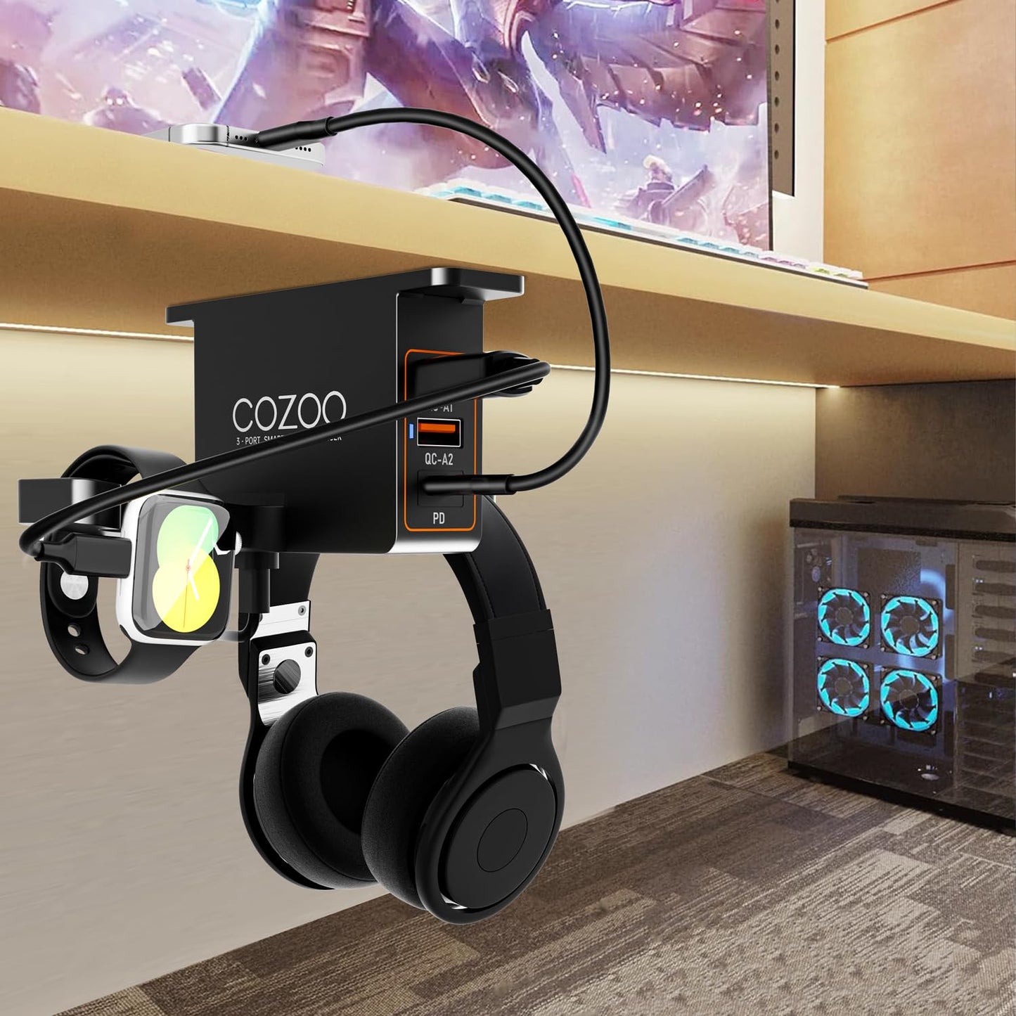 cozoo Headphone Stand with USB Charger Under Desk Headset Holder Mount 3 USB Charging Station,iWatch Stand Watch Dock Dual Earphone Hanger Hook,PC Accessories Gifts,UL Tested
