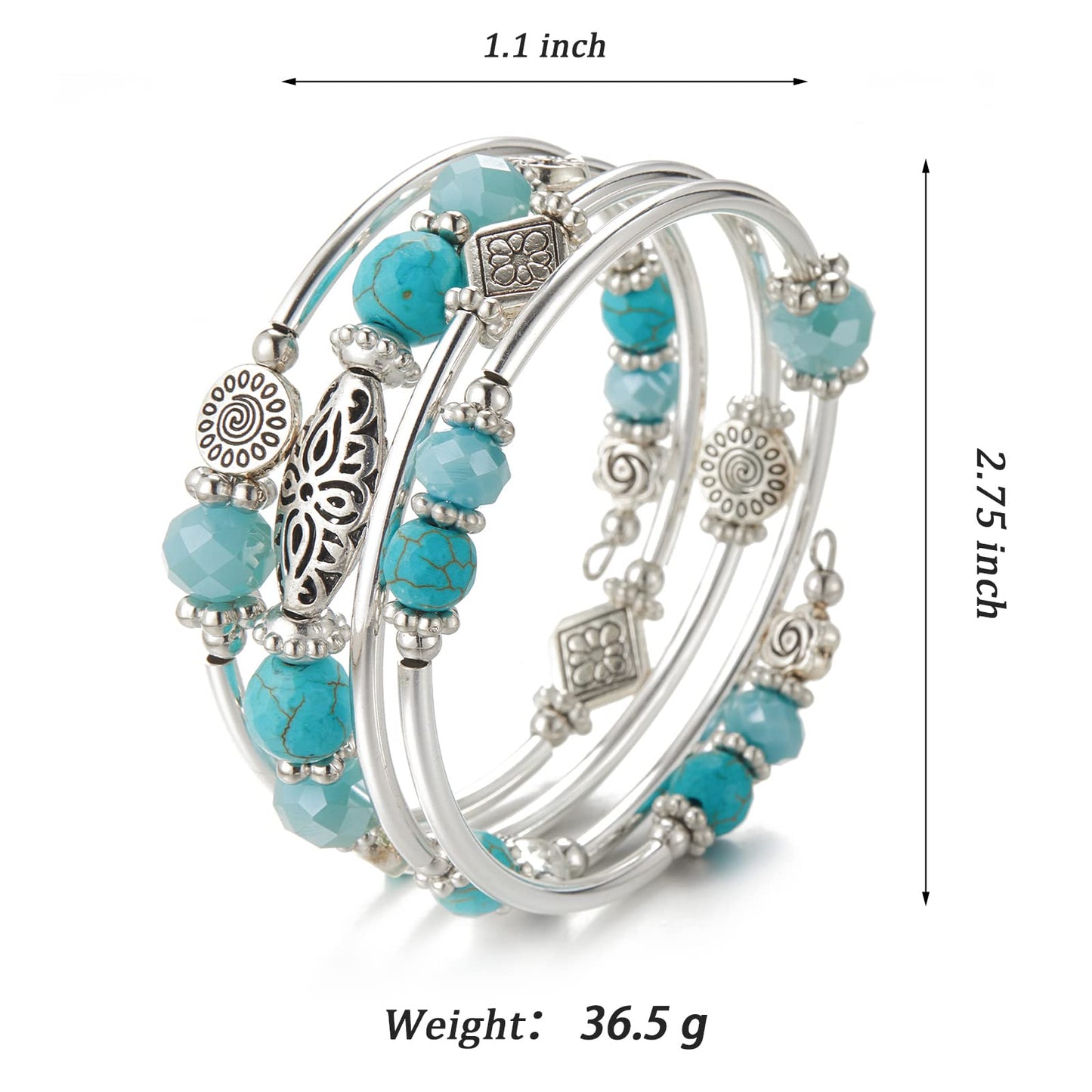 FULU AUTUMN Stackable Beaded Bracelet for Women Boho Wrap Silver Bracelet Layered Fashion Jewelry Gift for Her (Turquoise 2)