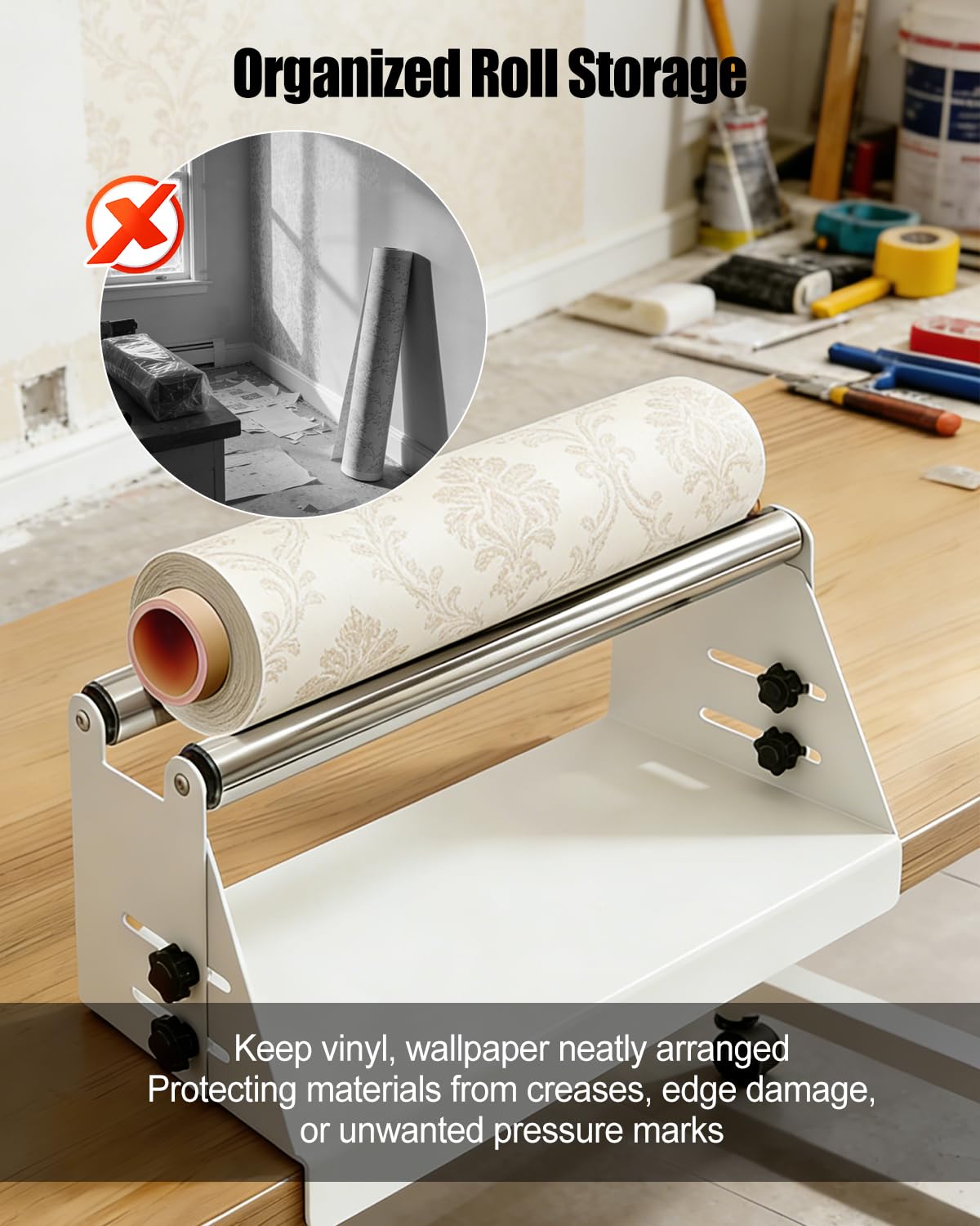 NEQXFQ Vinyl Roll Holder Storage Rack, Heavy Duty Metal Media Organizer for Wallpaper Window Film Transfer Paper Tape Rolls, Double Layer Drum Rod Display Stand White