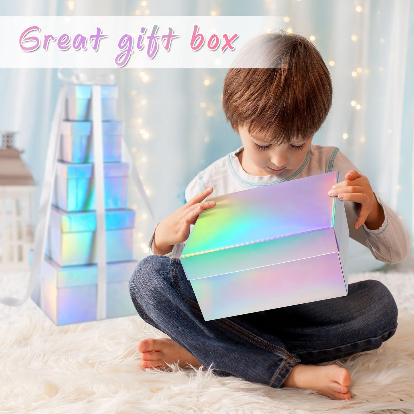 Fulmoon 5 Pack Holographic Silver Square Nesting Gift Boxes with Lids Set Assorted Sizes 8in 7in 6in 5in 4in with Ribbon for Wedding Graduation Birthday Presents Keepsake