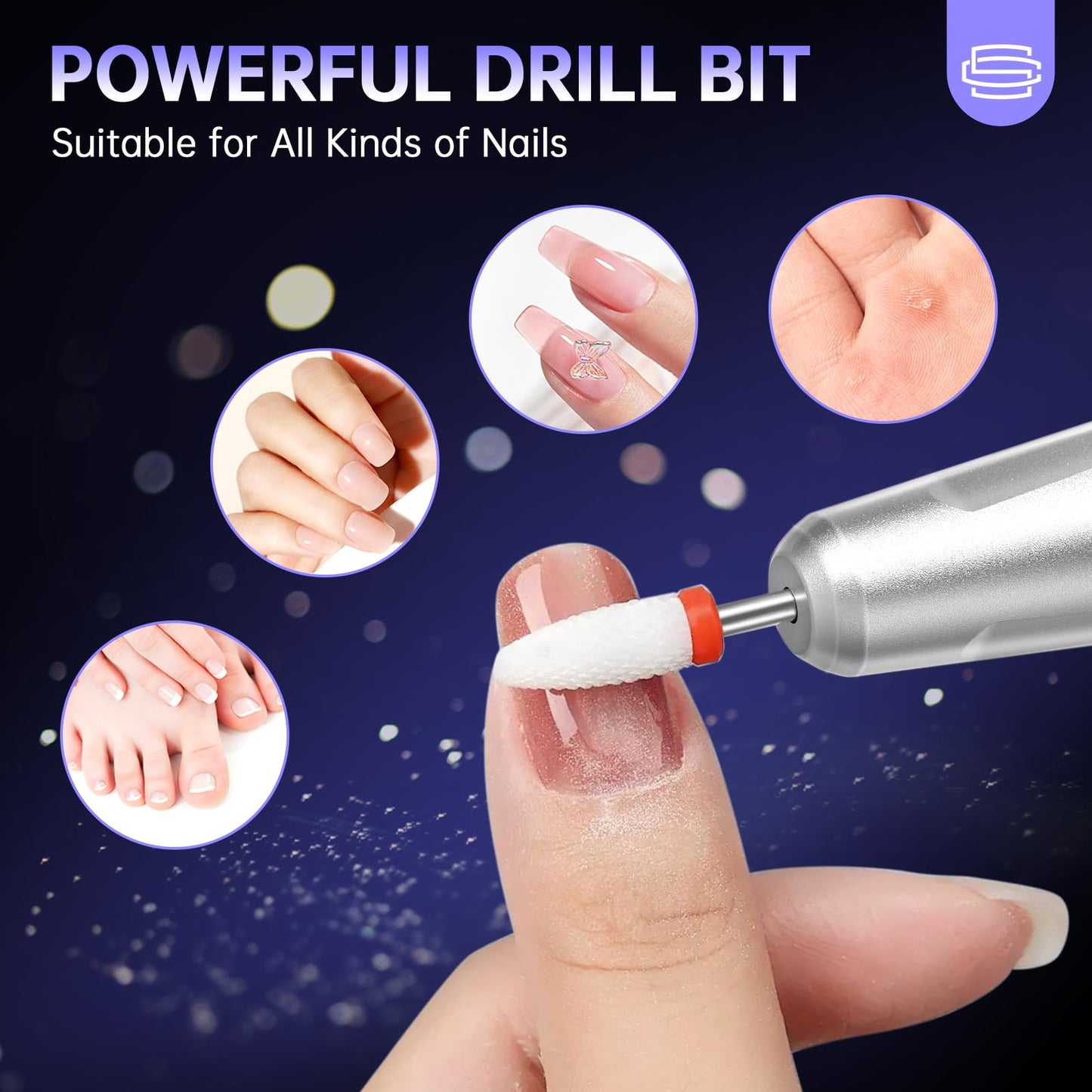 CHRISTINE SHELLY Rechargeable 35000RPM Nail Drill Sparkling Portable Professional Electric Nail File with 12 Drill Bit for Acrylic/Gel Nails Professional Nail Tools for Manicure Pedicure, Glitter