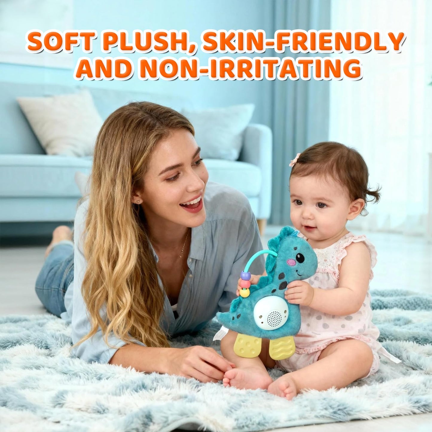 PLSFSS Baby Musical Activity Soft Toys with Sound & Light, Sensory Toys for Infant Developmental with Teether, Rattle and Textures, Soft Plush Toy for Newborn Gift 6 to 12 Months (Blue Dinosaur)