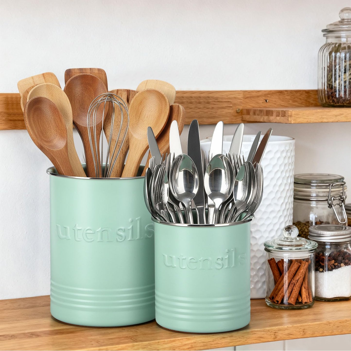 FoldTier 2 Pack Kitchen Utensil Holder for Counter 6.7"+4.7" Farmhouse Cooking Utensil Crock with Cork Bottom Modern Farmhouse Decors Countertop Storage Organizer Caddy Housewarming Gift(Sage Green)