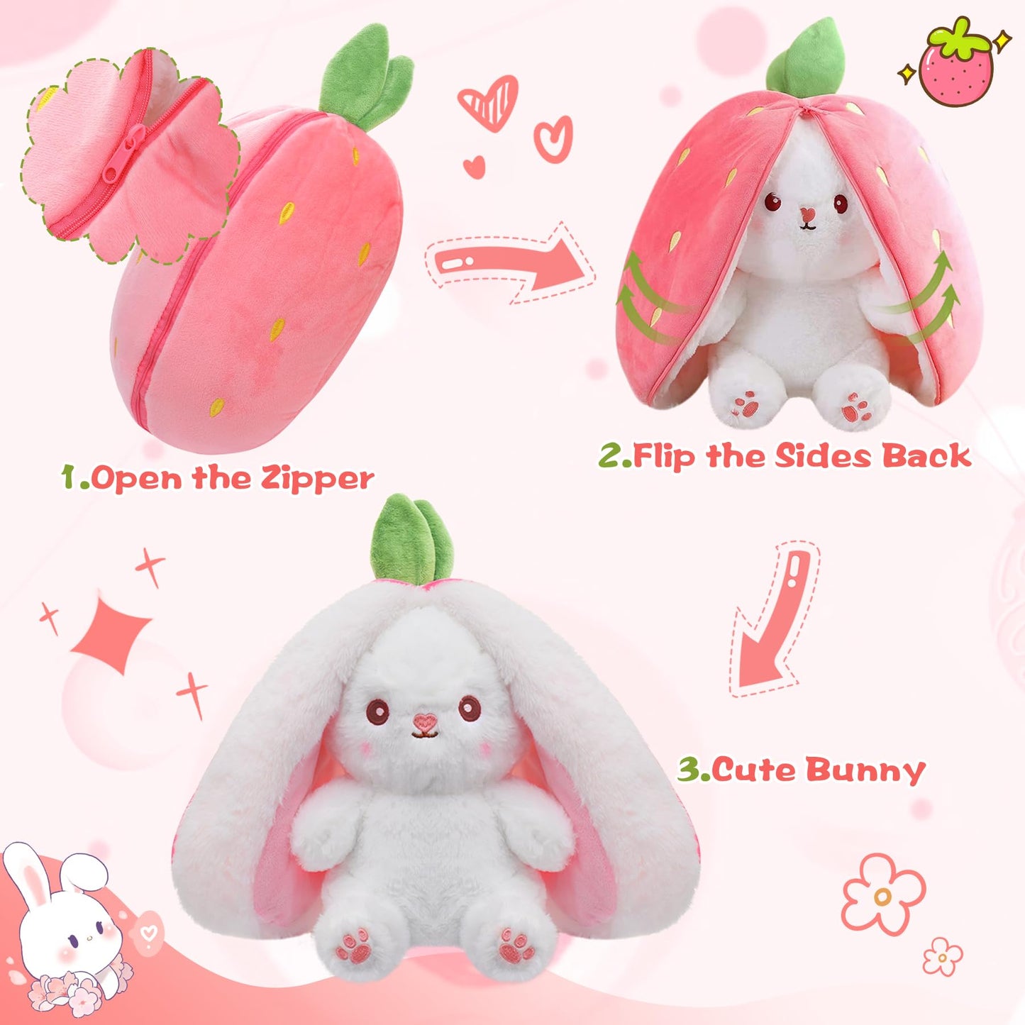 MIAODAM Bunny Stuffed Animal Reversible Cuddle Bunny Stuffed,Strawberry Bunny Transformed Rabbit Plush Zipper,Turns Into Ears Bunnies Plushies Toy Cute Stuffy Doll Easter