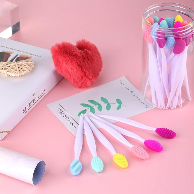 Patelai 24 Pcs Silicone Exfoliating Lip Scrub Brush with Container Double Sided Silicone Lip Scrubber Soft Cleaning Brush for Men Women Lightening for Dark Lips(Mixed Colors)