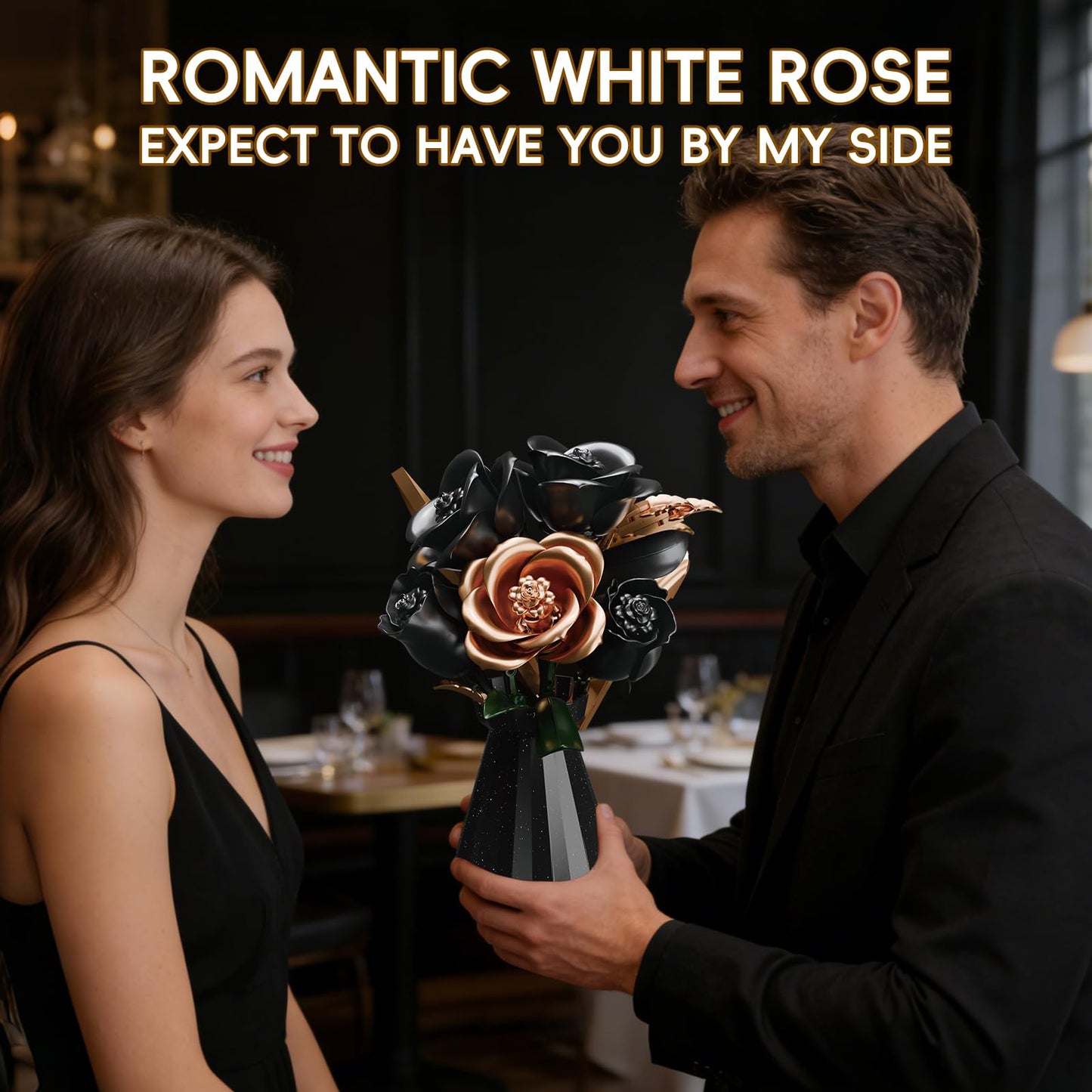 APENGBAOL Black Roses Flower Bouquet Building Set with Vase - 255 Pcs Botanical Collection with Rose Gold Accent Artificial Floral Centerpiece Gothic Home Decor Gift for Adults