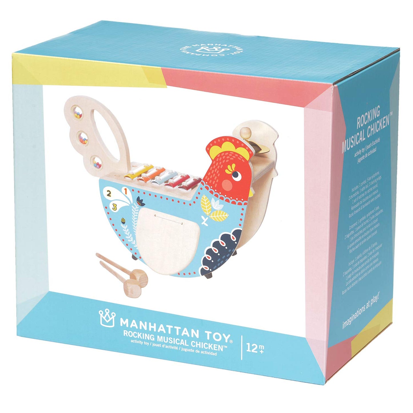 Manhattan Toy Musical Chicken Wooden Instrument for Toddlers with Xylophone, Drumsticks, Cymbal and Maraca,Blue