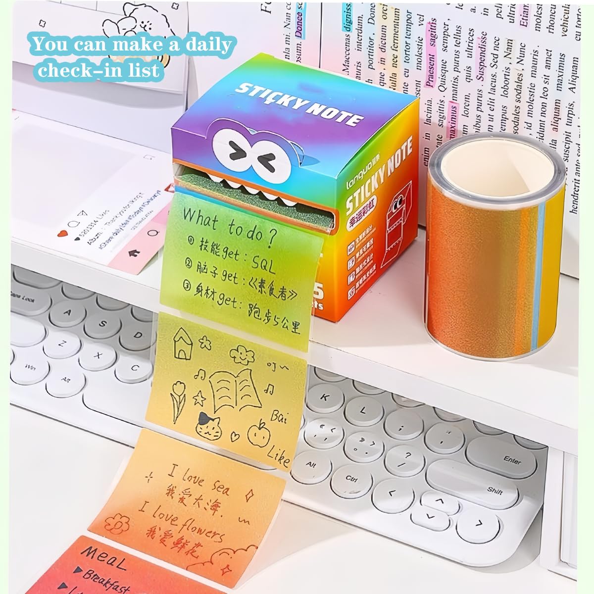 Cute Monster Pattern Sticky Note,Funny Rainbow Transparent Sticky Notes Roll,Cartoon Notes Memo Pad,Back to School Gift for Teachers & Students (style1)