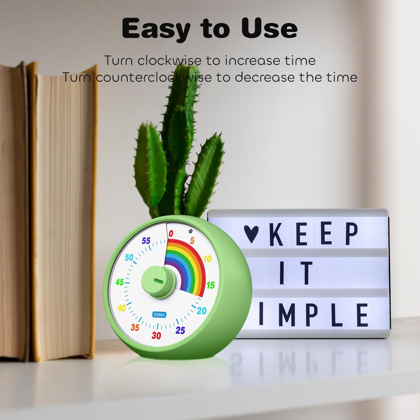 Visual Timer for Kids, 60-Minute Countdown Timer for Classroom Office Kitchen, Desk Timer Kids Time Management Tools with Silent Operation, Pomodoro Time Rainbow Pattern (Green)