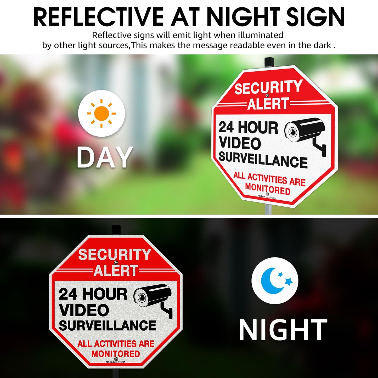 Faittoo Security Sign Video Surveillance Sign with 36" Stake for Outside, 2-Pack 12"x12" Rust Free Heavy Aluminum, Reflective, Fade Resistant, 2 pre-drilled holes, Includes Matching Screws & Wrench,