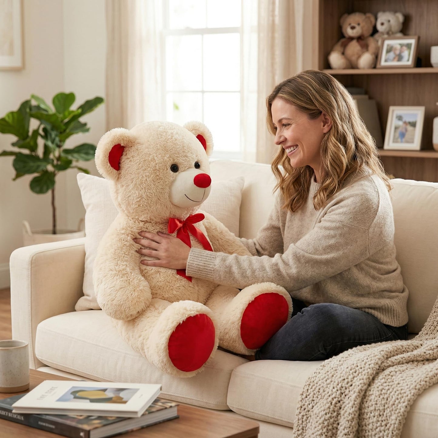 WENMOTDY Huge Teddy Bear Stuffed Animal Giant Teddy Bear Plush with Red Ribbon Bow Day Plush Toy Gift for Girlfriend and Kids 36 inch Beige