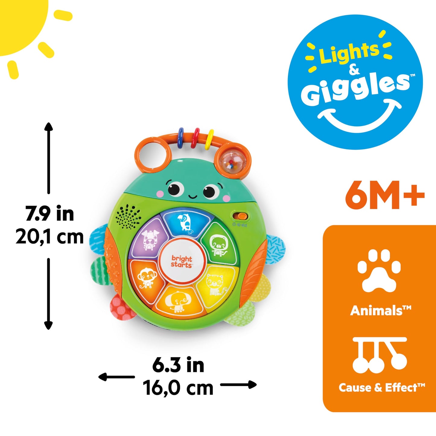 Bright Starts Safari Surprise Multisensory Toy, Light-Up Electronic Baby Toy with Animal Sounds and Melodies, Press for Cause and Effect Discovery, Unisex, 6 Months+