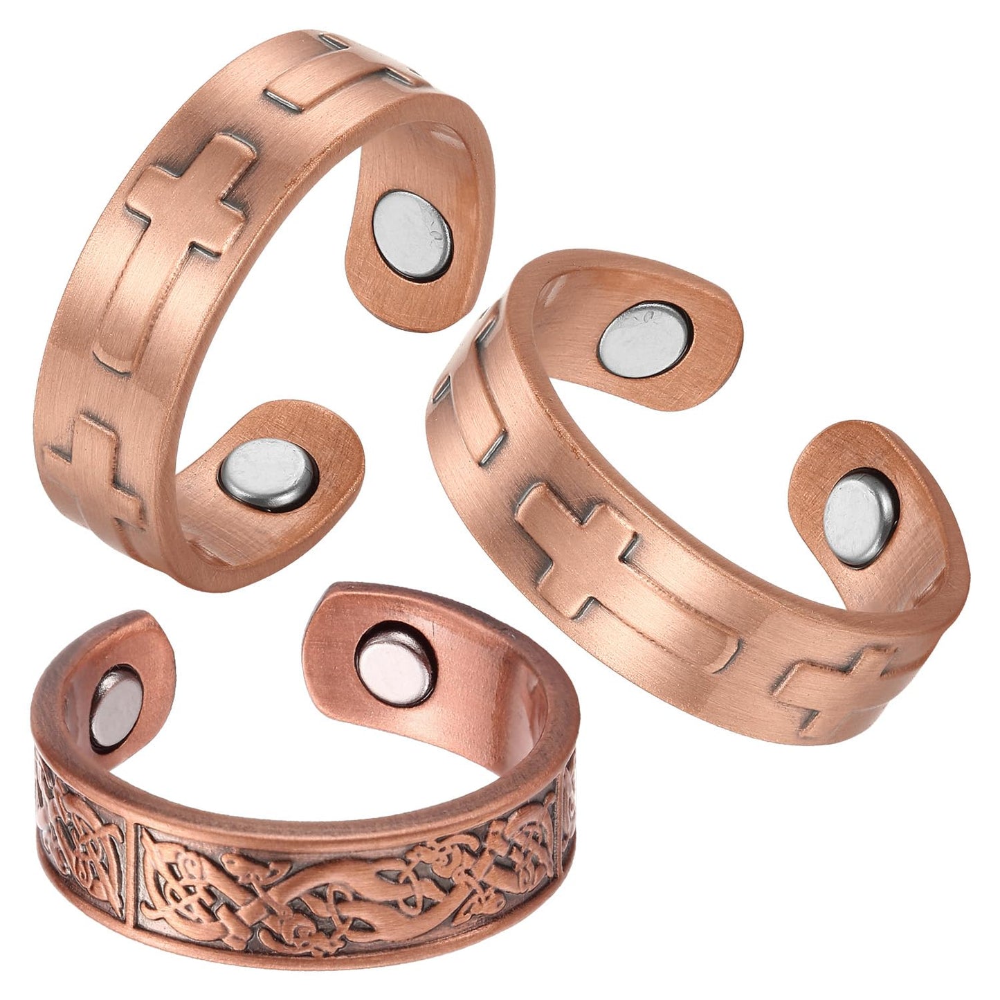 Fashtour 3 Copper Rings for Men, 99.9% Pure Copper Magnetic Rings, Vintage & Cross Pattern Adjustable Cuff Ring