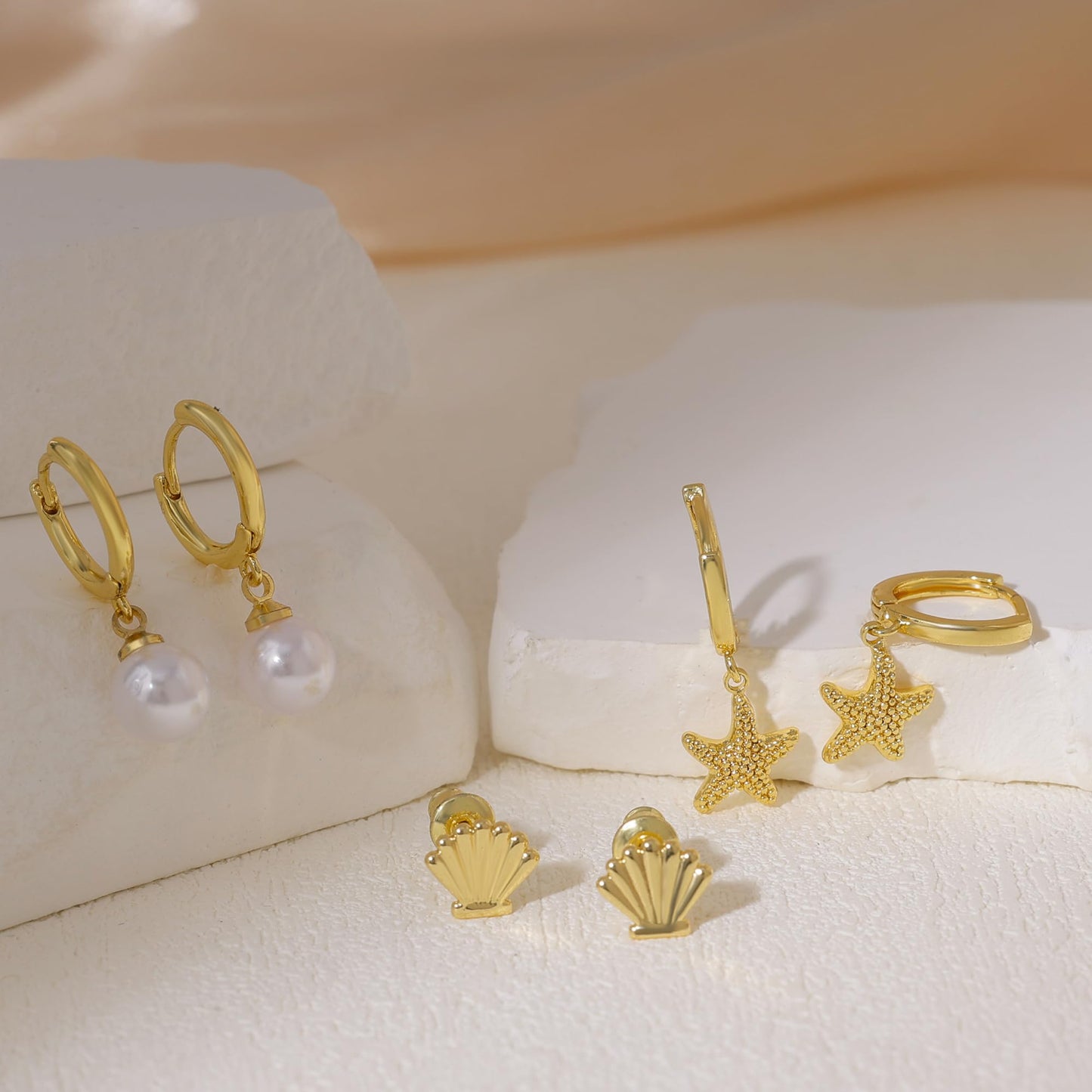 SELFROSE Summer Starfish Earrings 14k Gold Plated Pearl Drop Earrings Stack Dainty Cute Beach Earrings Hypoallergenic Cute Shell Earring Stack Boho Beach Summer Jewelry