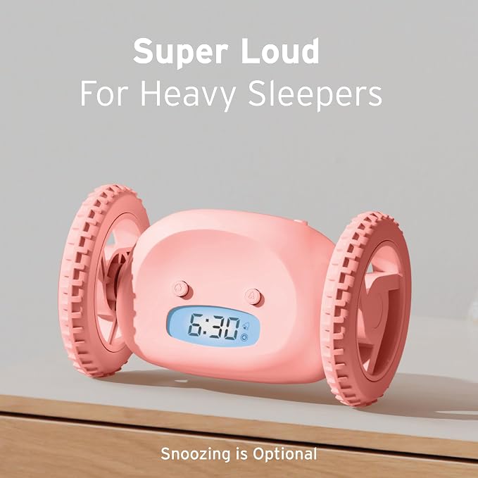 CLOCKY Extra Super Loud Alarm Clock for Heavy Sleepers Adults Kids Teens Bedroom, Move Jump Roll Run Away Easy to Set Smart Digital Alarm Clock on Wheels -Funny Gag Gift (Pink)