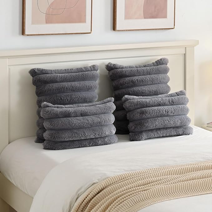 FUTEI Grey Decorative Throw Pillow Covers 16x16 Inch Set of 2, Square Soft Faux Rabbit Fur Thick Striped Cushion Cover,Winter Home Decor for Couch Bed Living Room
