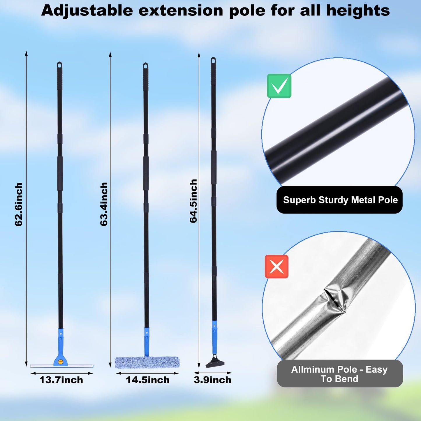 3-in-1 Professional Window Squeegee Kit with 2 Squeegee, 2 Microfiber Scrubber, 1 Razor Scraper, Thick Iron, 63.4" Window Squeegee with Extension Pole for Car, Glass, Mirror, Wall, Bathroom, Home, Van