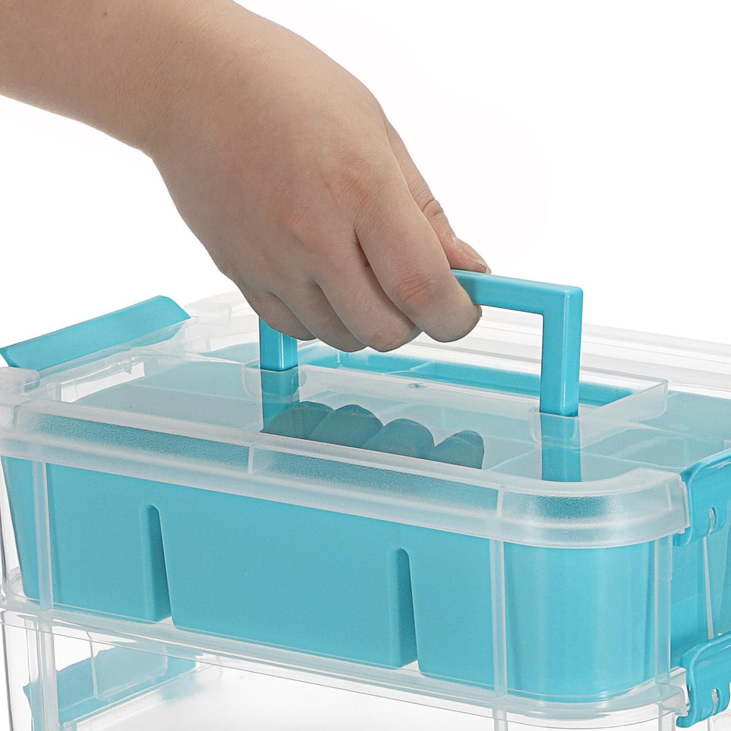 JUXYES 4-Tiers Stack Carry Storage Box With 2 Divided Tray, Transparent Stackable Storage Bin With Handle Lid Latching Storage Container for School & Office Supplies, Blue