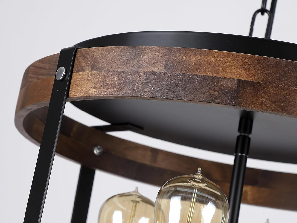 4-Light Large Rustic Farmhouse Wood Pendant Light Fixture with Adjustable Chain, 16.5 inch Oak Wood Drum Chandelier for Dining Room Kitchen Island Farmhouse Living Room Hallway, Black