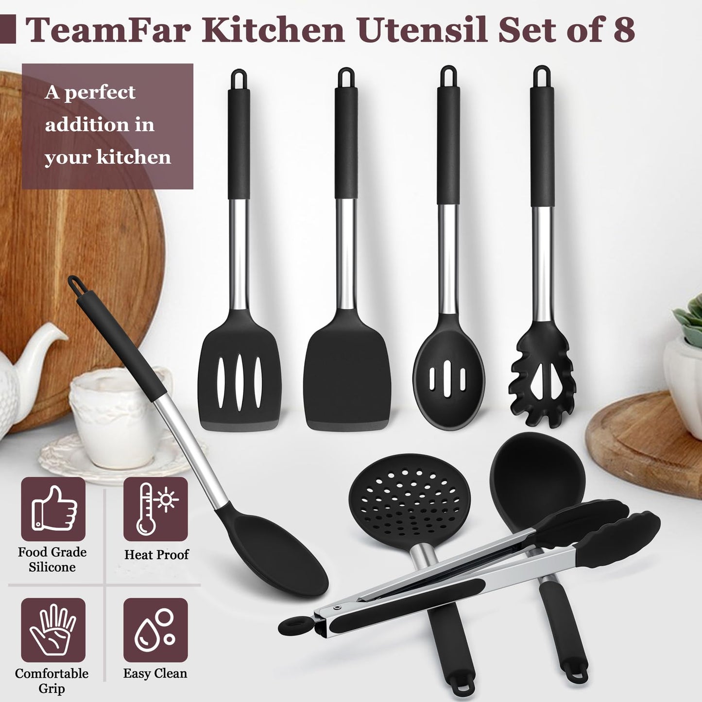 TeamFar Kitchen Utensils Set of 8, Silicone Utensils Kitchen Tools Set with Stainless Steel Handle, for Frying Serving Flipping Draining, Non-toxic & Heatproof, Nonstick & Dishwasher Safe - Black