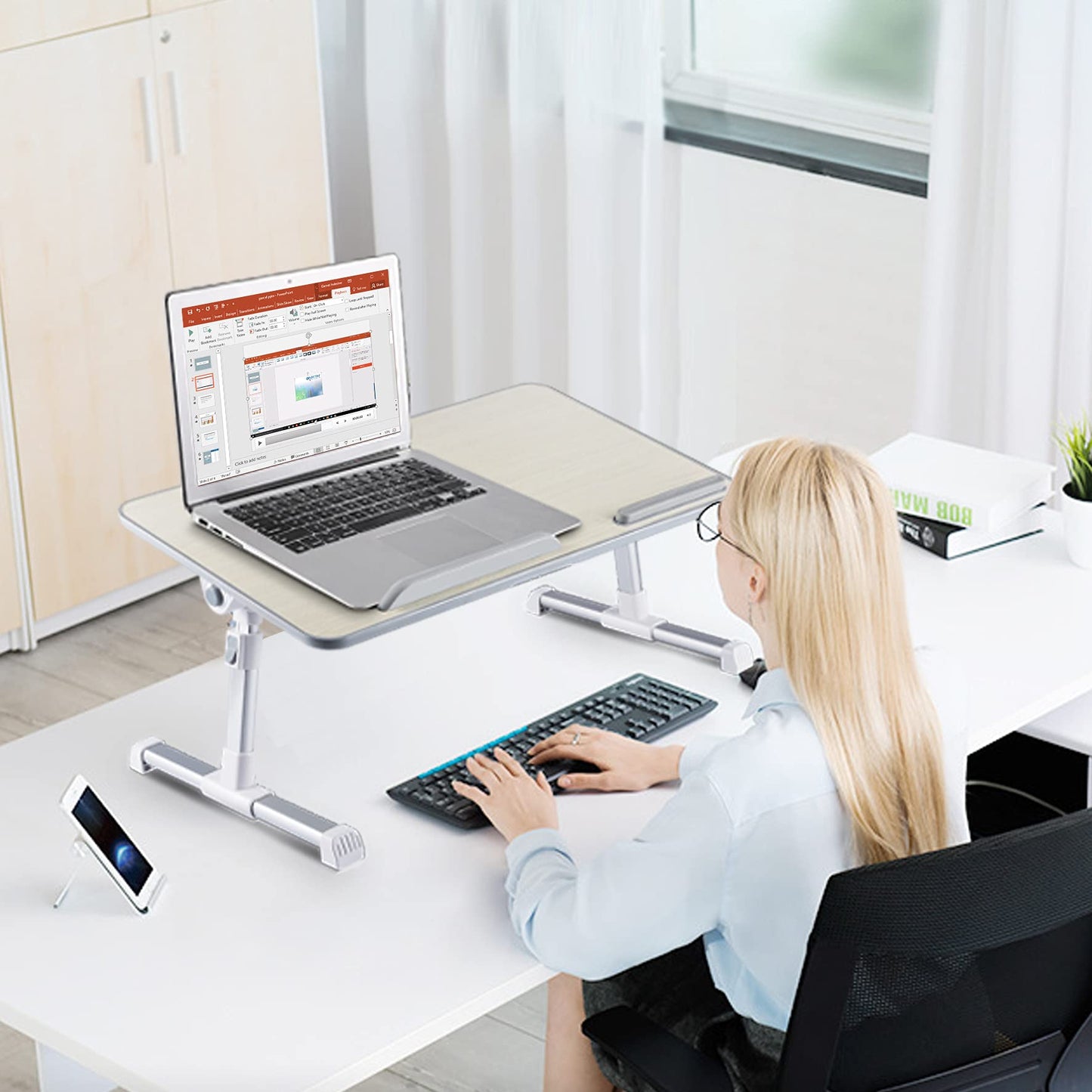 8AMTECH Adjustable Laptop Table with Cooling Fan - Desk for Working, Reading, Writing, Drawing and Eating in Bed, Sofa, Floor, Couch