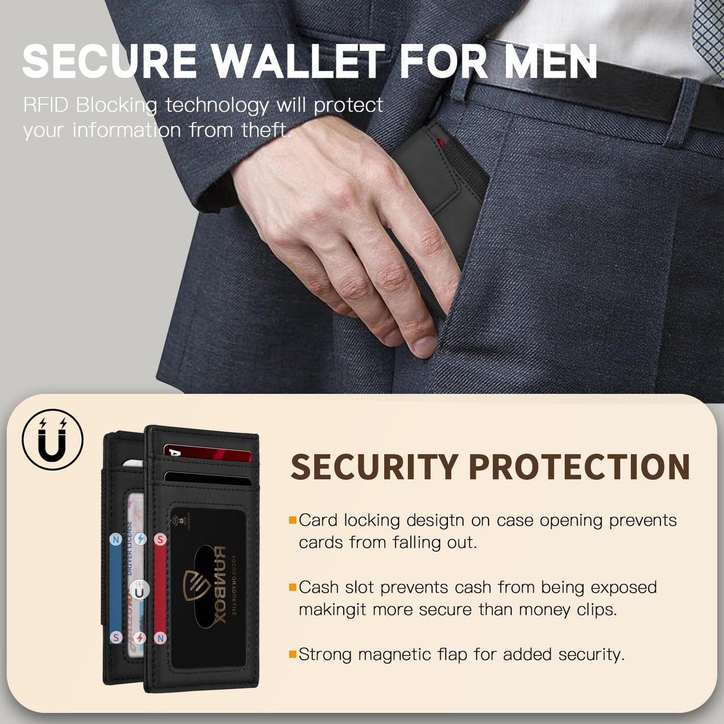 RUNBOX Slim Leather Wallet for Men With 2 ID Windows Holds 10-13 Cards Minimalist Front - Pocket RFID - Blocking Wallets Ideal Gift Choice