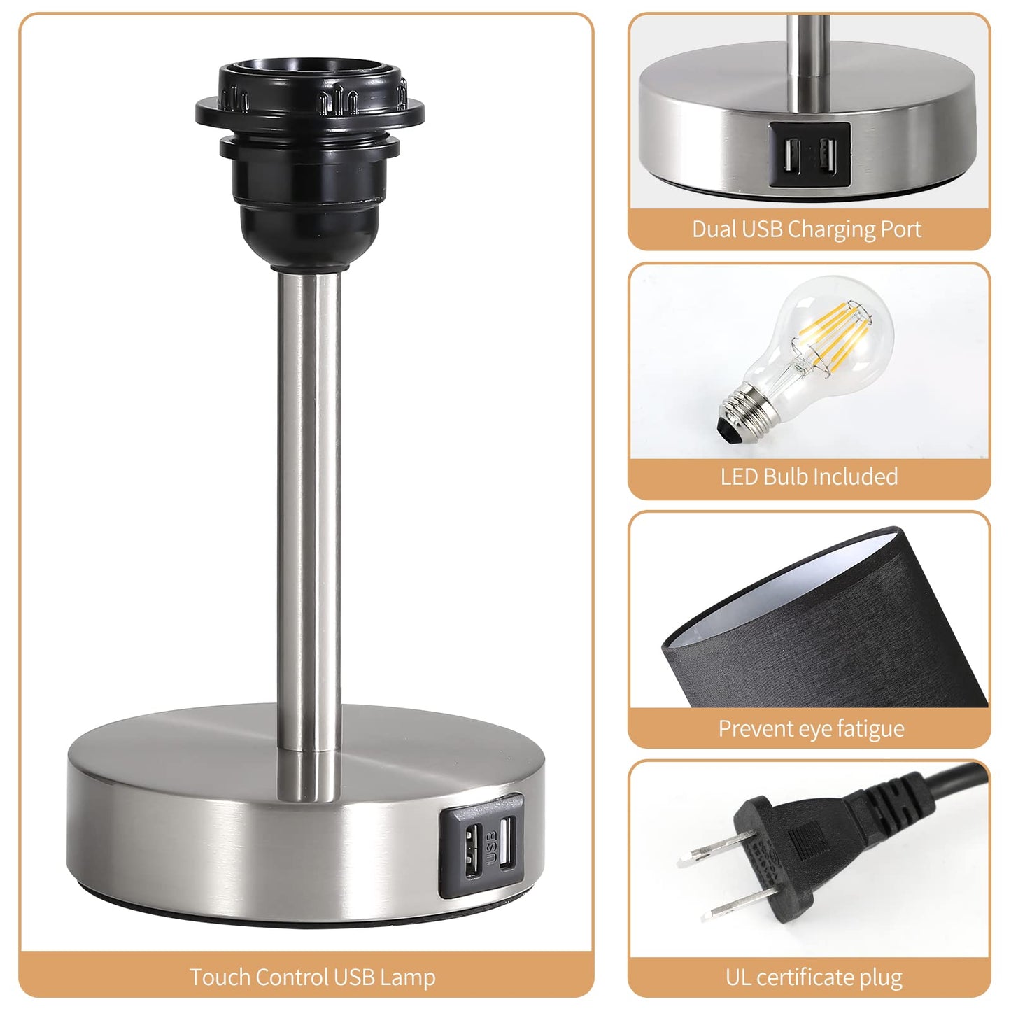 Bedside Lamp with USB Port - Touch Control Table Lamp for Bedroom Wood 3 Way Dimmable Nightstand Lamp with Round Black Shade for Living Room, Dorm, Home Office (LED Bulb Included) (Blacl2)