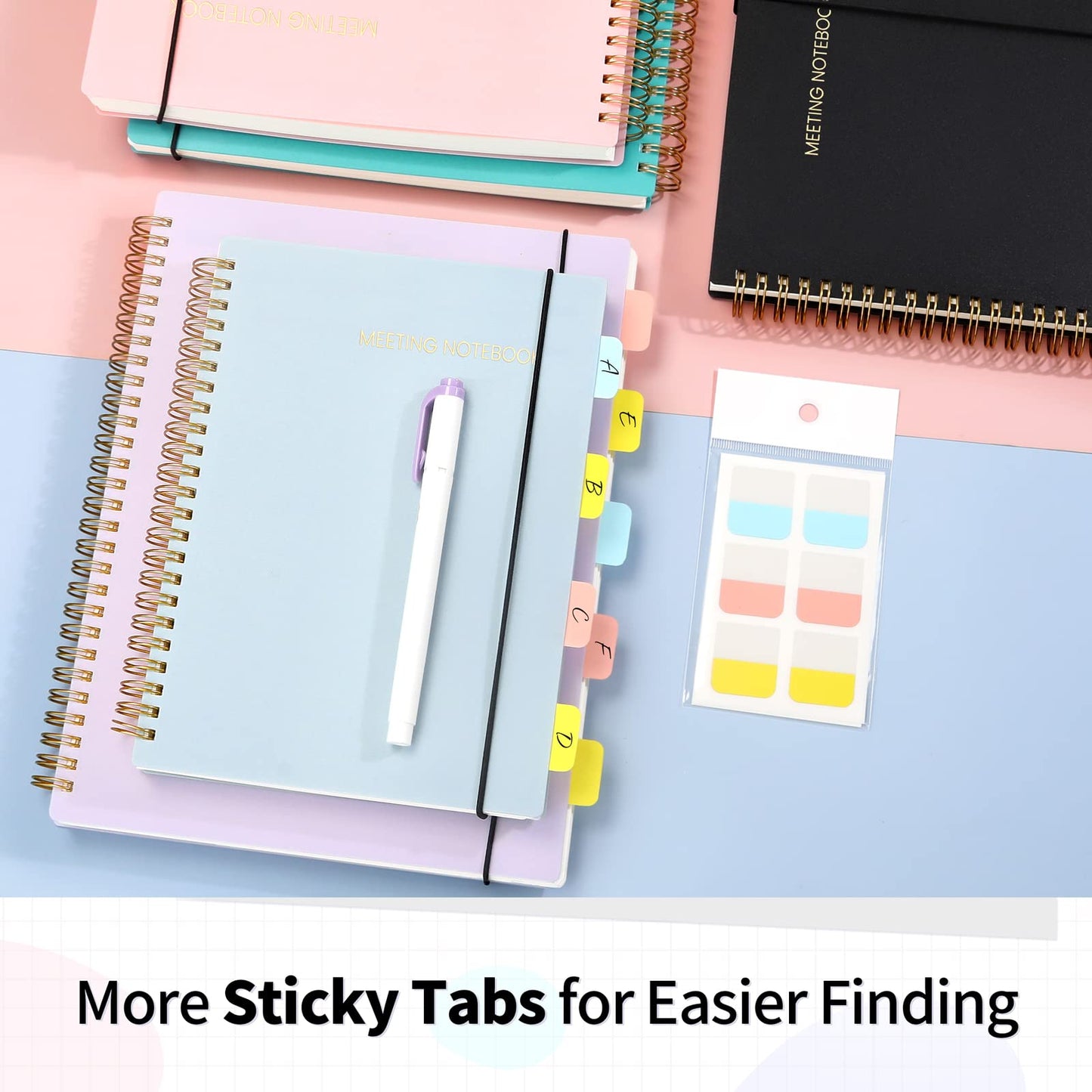 SUNEE Meeting Notebook for Work with Sticky Tabs - 160 Pages, A4 Size Project Planner, Spiral Meeting Agenda/Minutes Notebook Organizer for Women Men, Note Taking, Office & Business, 8.5"x11", Black