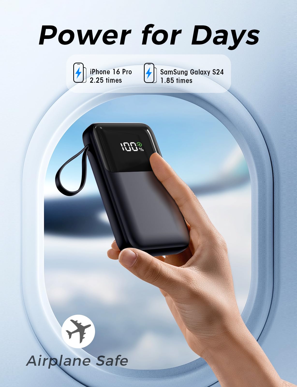 Power Bank, 15000mAh Portable Charger with Built in Cable, 22.5W Fast Charging, 6 Outputs, Slim Travel Essential Battery Pack with LED Display, Compatible with iPhone 17/16/15/14/13, iPad Black