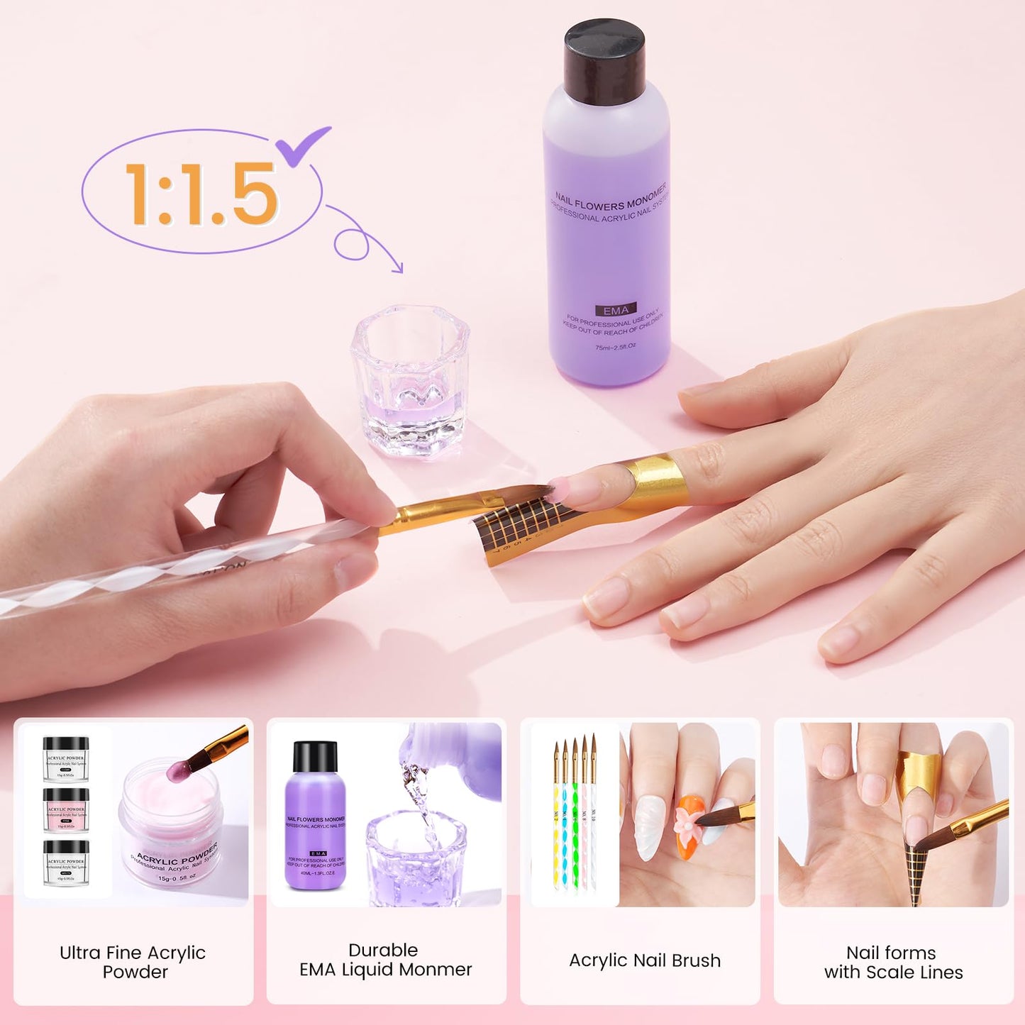 Nail Kit for Beginners with Everything: Practice Nail Hand Acrylic Set Professional Powder Liquid Starter Kits with Drill U/V Lamp in Cosmetic Gift Bag for Salon Home (Pink)