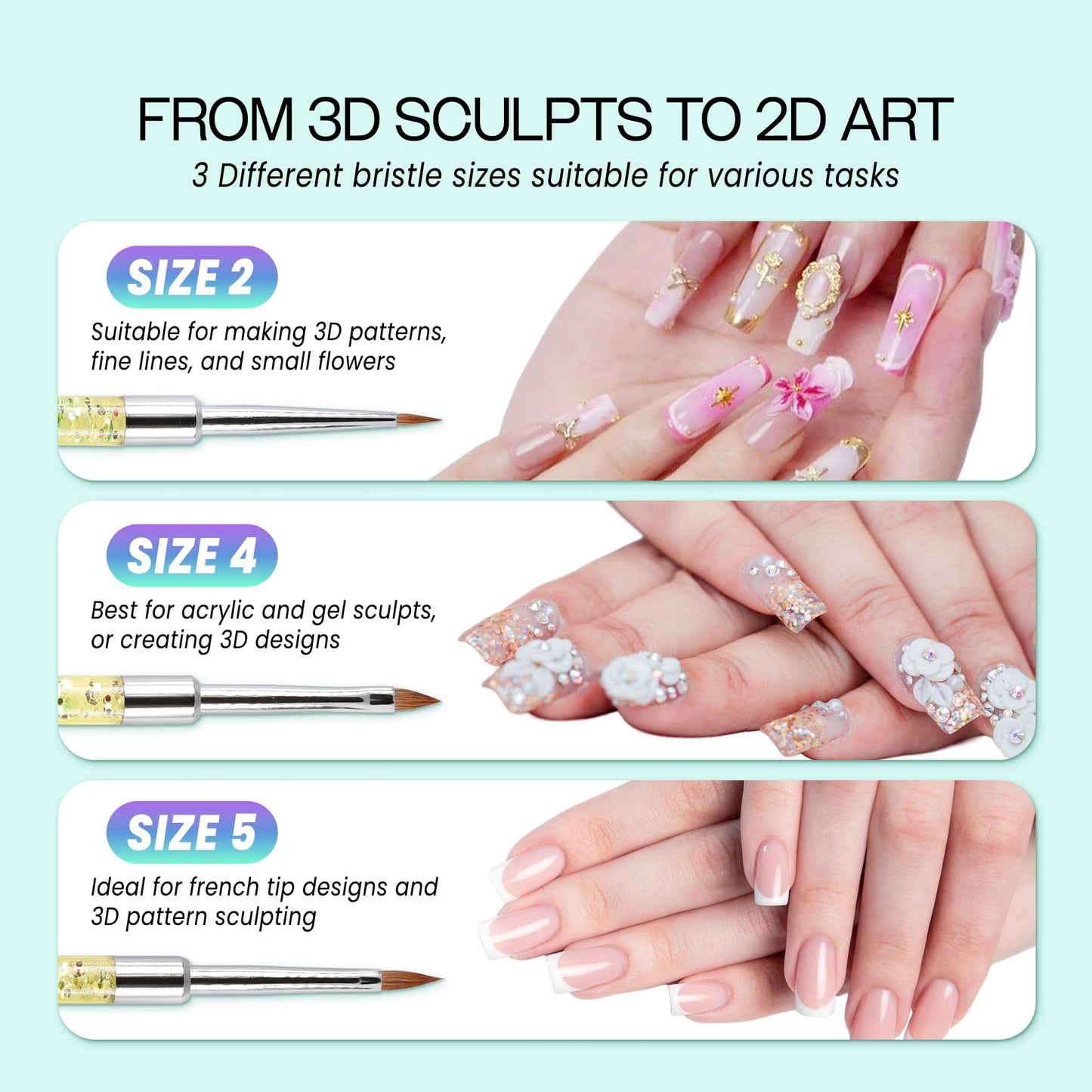 PANA Kolinsky 3D Acrylic Nail Brushes with Liquid Glitter Handle - For Professional Acrylic Powder Liquid Manicure Pedicure (Rainbow Color, Size #2)