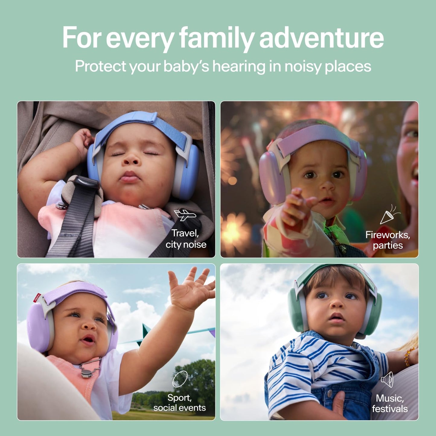Alpine Muffy Baby Comfort - Protects Hearing for Babies and Toddlers - CE & ANSI Certified - Headband for Safe fit & Comfort - Adjustable for Ages 3-48 Months - 24dB Sound Reduction, Green