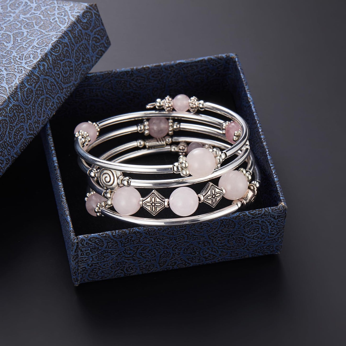 Beaded Pearl Bangle Wrap Bracelet - Fashion Bohemian Jewelry Multilayer Charm Bracelet with Thick Silver Metal Beads, Gift For Women(Pink crystal)