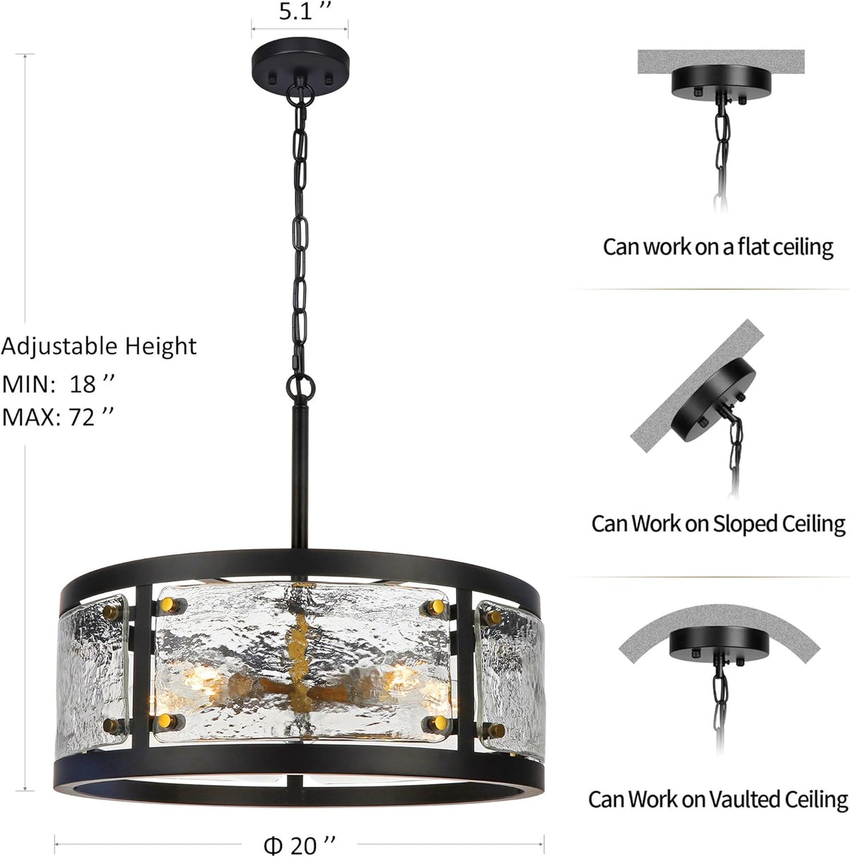 20" Farmhouse Round Black Chandelier, 5-Light Rustic Dining Room Light Fixtures Over Table, Industrial Glass Chandeliers for Dining Kitchen Living Room, Clear Waterglass Drum Shade