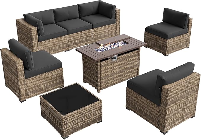 Aoxun Patio Furniture Sets, 8-Piece Outdoor Patio Furniture with 44'' Propane Gas Firepit Table, Wicker Outdoor Conversation Set Sectional Sofa for Backyard, Poolside, Garden (Black Cushion)