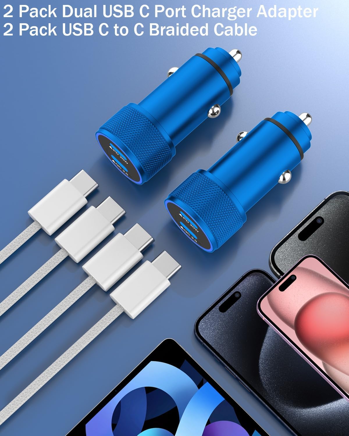 iPhone Car Charger Fast Charging,iPhone 16 Car Charger 2PACK Dual USB C PD3.0 Port CarCharging Adapter and USB C to C Braided Nylon Charging Cable Compatible with iPhone 16/16 Pro Max/15/iPad(Blue)