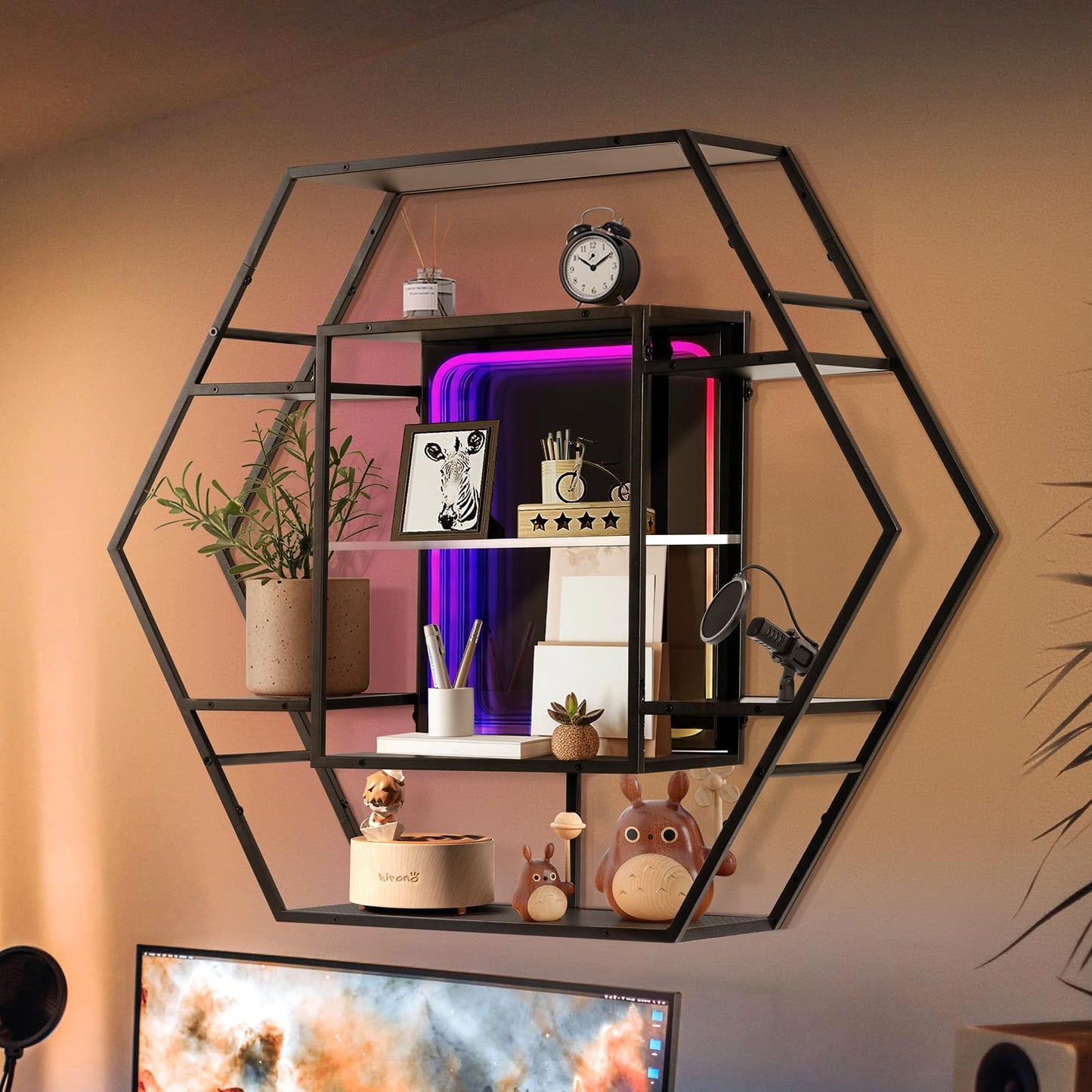 FUSLITE Infinity Mirror Gaming Floating Shelves with LED Lights, Hexagon Wall Mounted LED Shelf with RGB App Control, 36.6" Large Display Rack for Gaming Room Decor, Action Figures, Collectibles