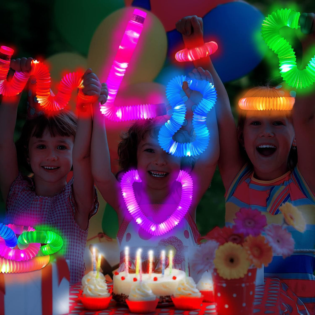 Glow Sticks Stocking Stuffers for Toddlers-6 PCS Light Up Pop Tube Party Favors Toys Gifts for Kids,Christmas LED Bracelet Necklace Accessories,Fun Camping Essentials Games Activities for Boys Girls