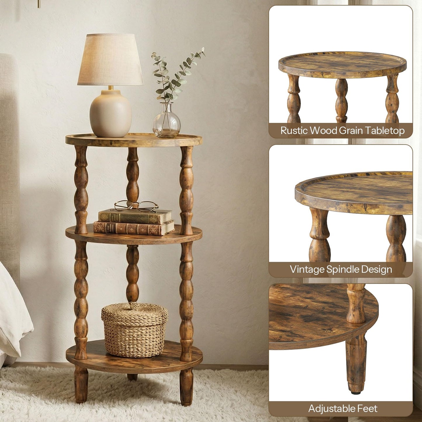 HOOBRO Round Side Table for Small Space, 3-Tier Small Round End Table with Rubberwood Leg, Accent Bedside Table, Circle Nightstand, Living Room, Bedroom, Sofa Couch, Rustic Brown FG218BZ01