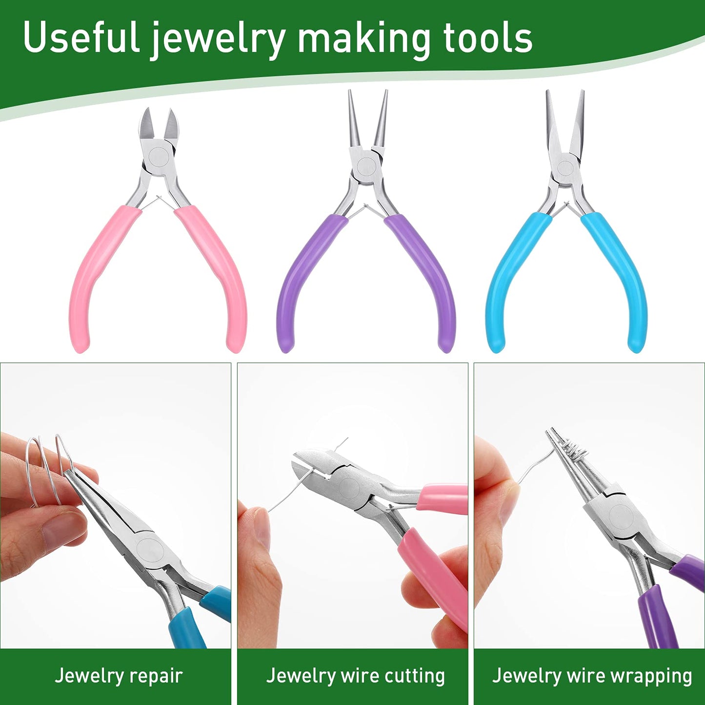 3 Rolls 18 20 22 Gauge Jewelry Wire for Jewelry Making with 3 Multi Purpuse Pliers and Ring Sizer, Tarnish Resistant Aluminum Beading Wire for Arts Crafts Making Supplies(Silver)