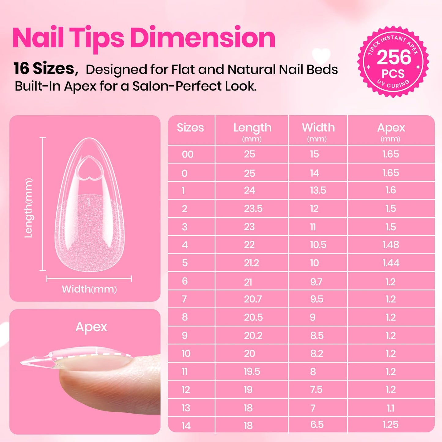 Beetles Tipex Lite Heart Cutout Nail Tips, Pre-Built Instant Apex Almond Medium, 16 Sizes 256pcs, Flat Nail Friendly Acrylic Tips, Easy DIY for Beginners