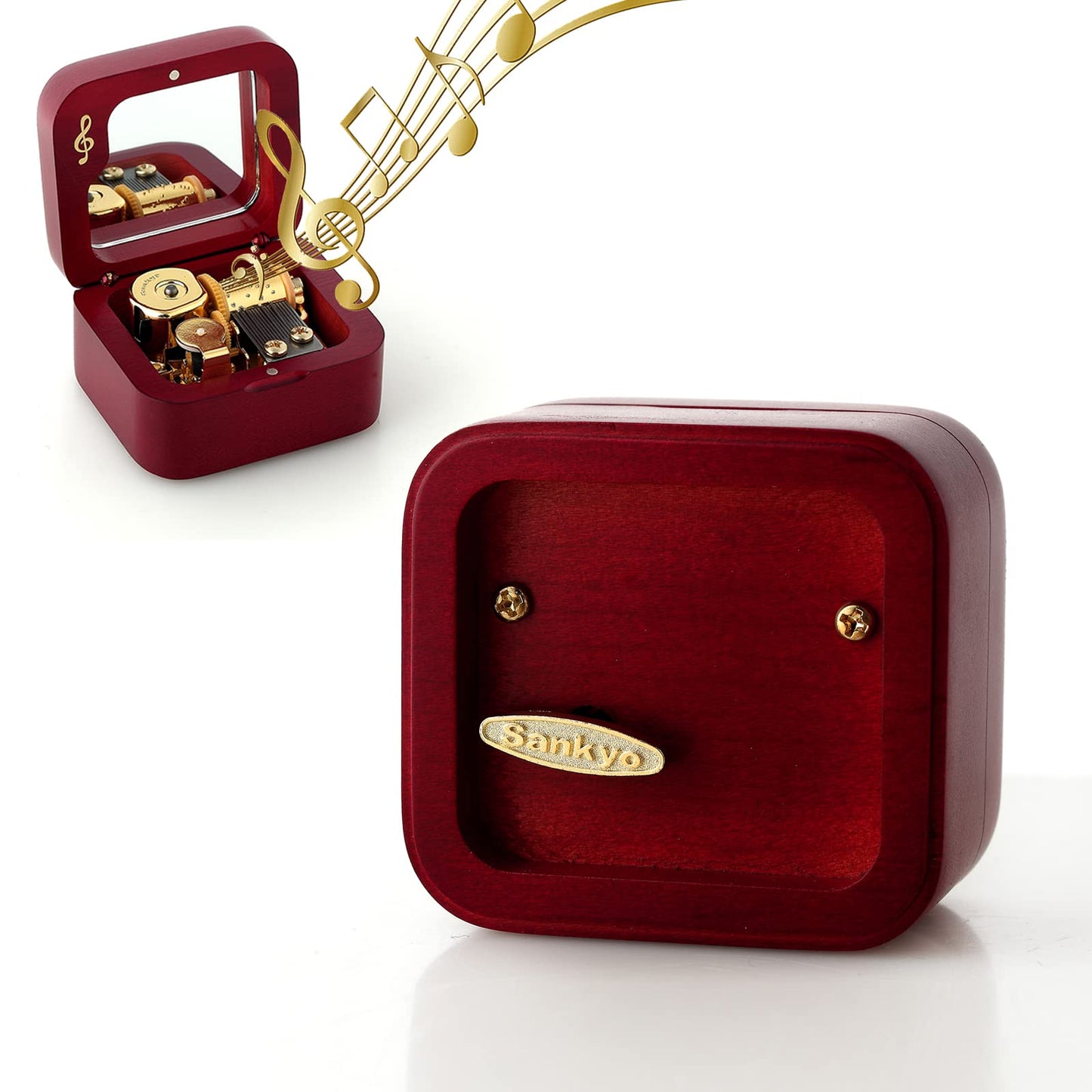JYmusic Natural Solid Wood Clockwork Square Note Octave Box with Pause and Play Function, Gift for Birthday/Mother's Day/Children's Day/Valentine's Day/Christmas, Wine-red.