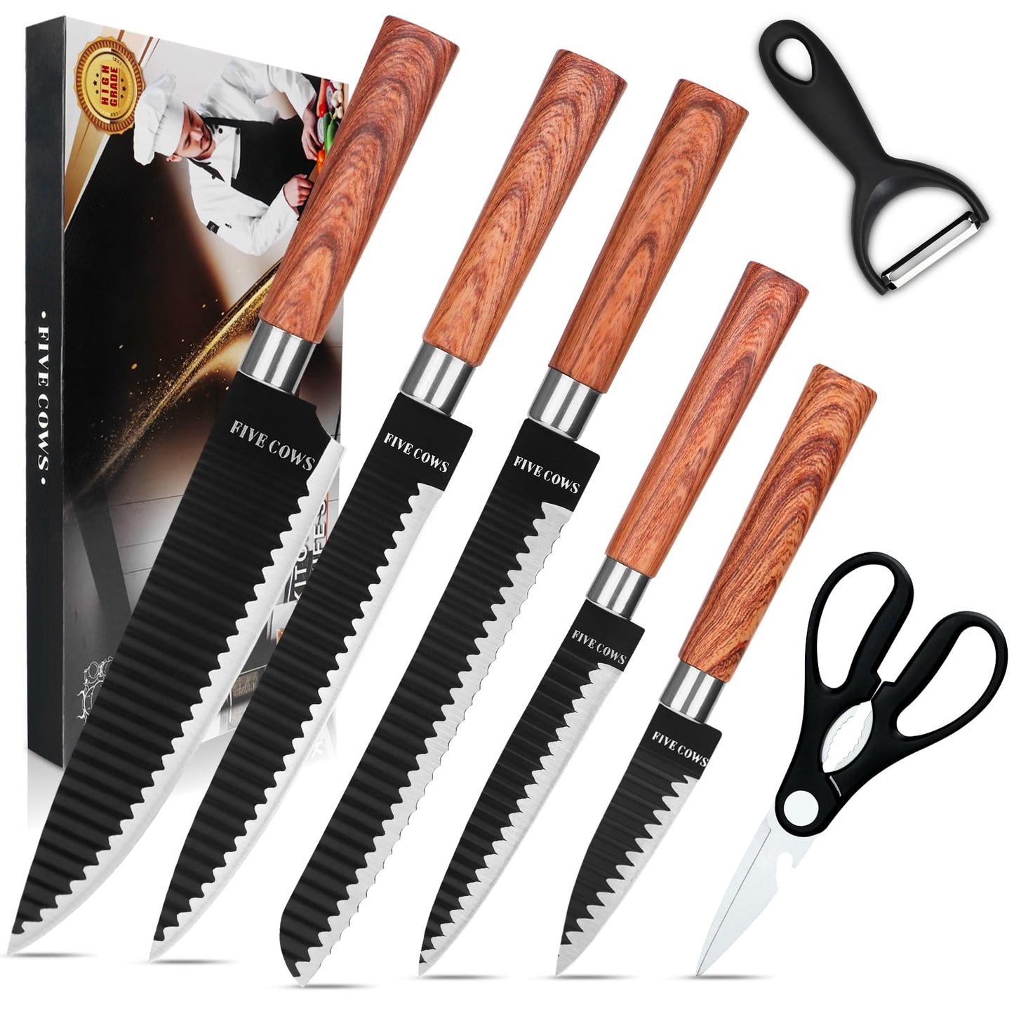 7-Piece Ultra Sharp Chef Knife Set - Premium German High Carbon Stainless Steel, Ergonomic Wood Pattern Handle, Professional Kitchen Knives with Gift Box (Brown 7 Piece)