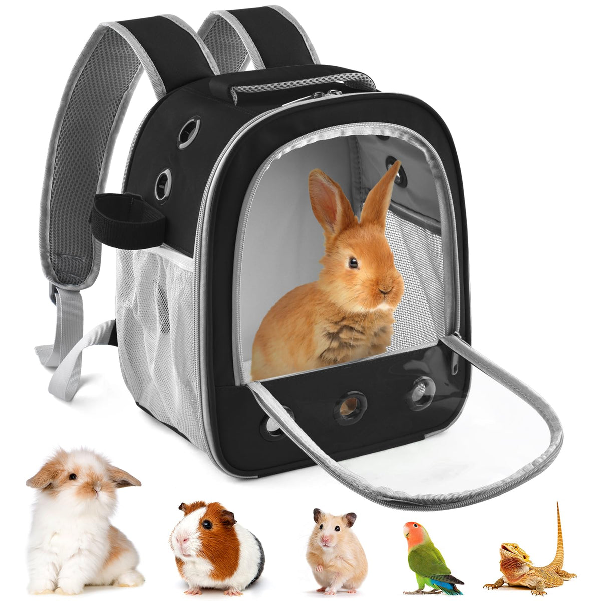 DBNESS Guinea Pig Carrier Backpack, Portable Rabbit Travel Carring Bag for Pet Bunny Chinchilla Bearded Dragon Hamster Parrot Outgoing Pouch Case with Water Bottle Holder & Detachable Pad (Light Gray)