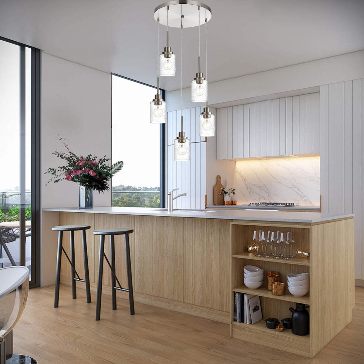 5 Light Farmhouse Pendant Lighting for Kitchen Island,Brushed Nickel Dining Room Cluster Pendant Light Fixtures Hanging Ceiling with Seeded Glass,Modern Pendant Light for Entrance Stairwell