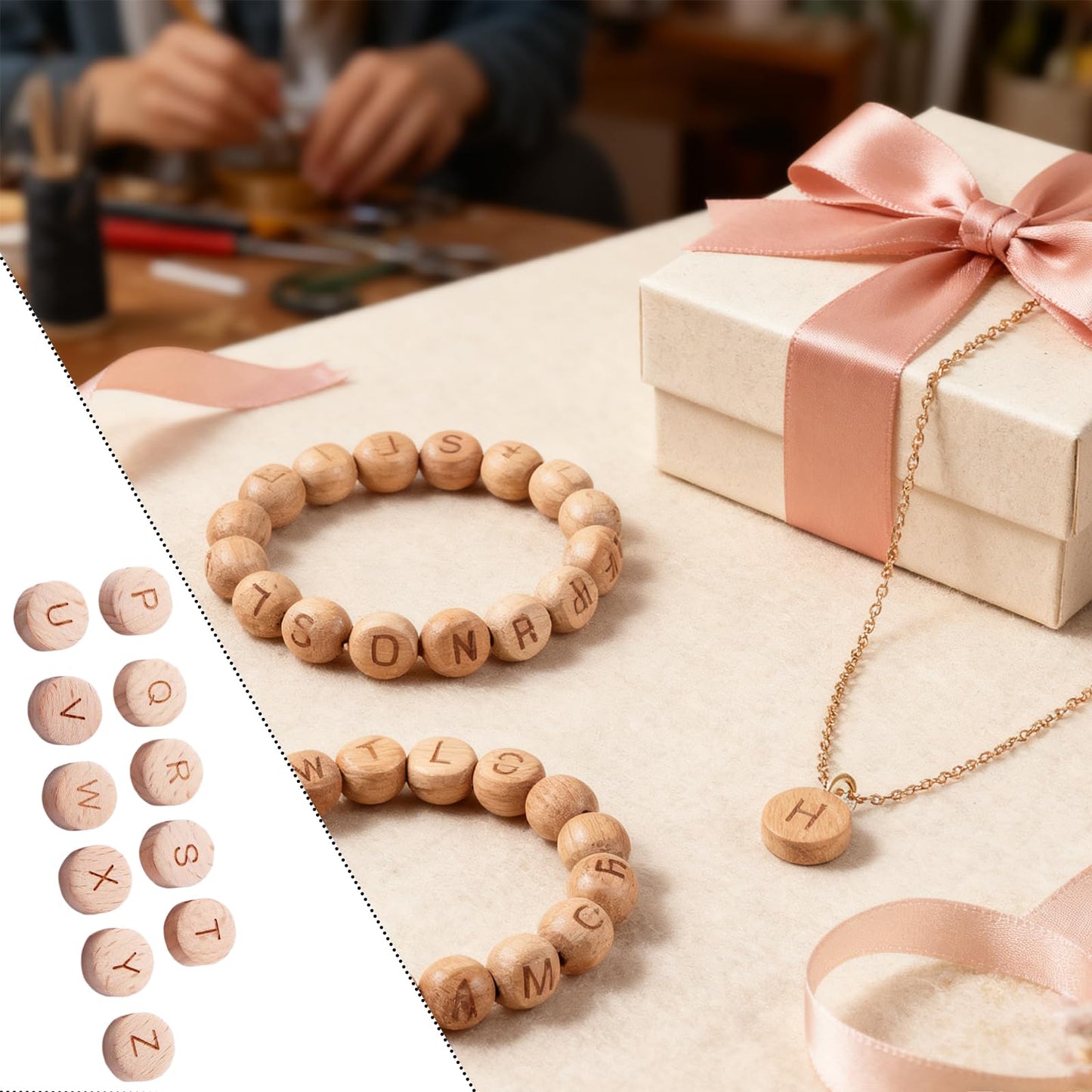 104 Pcs 15mm Alphabet Wooden Beads Round Flat Alphabet Beads Wooden Loose Bead with Initial Letter for Handmade DIY Projects