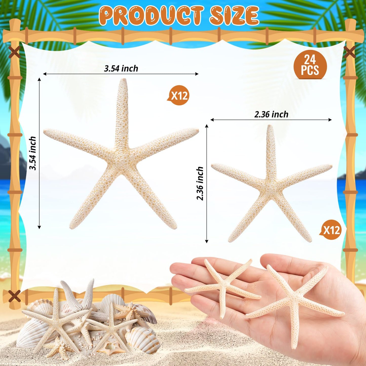24 Pcs Starfish for Crafts, 2'' to 4'' Star Fish Shells Decorations, Natural Starfish Decor Bulk for Beach Theme DIY Crafts Christmas Tree Ornaments