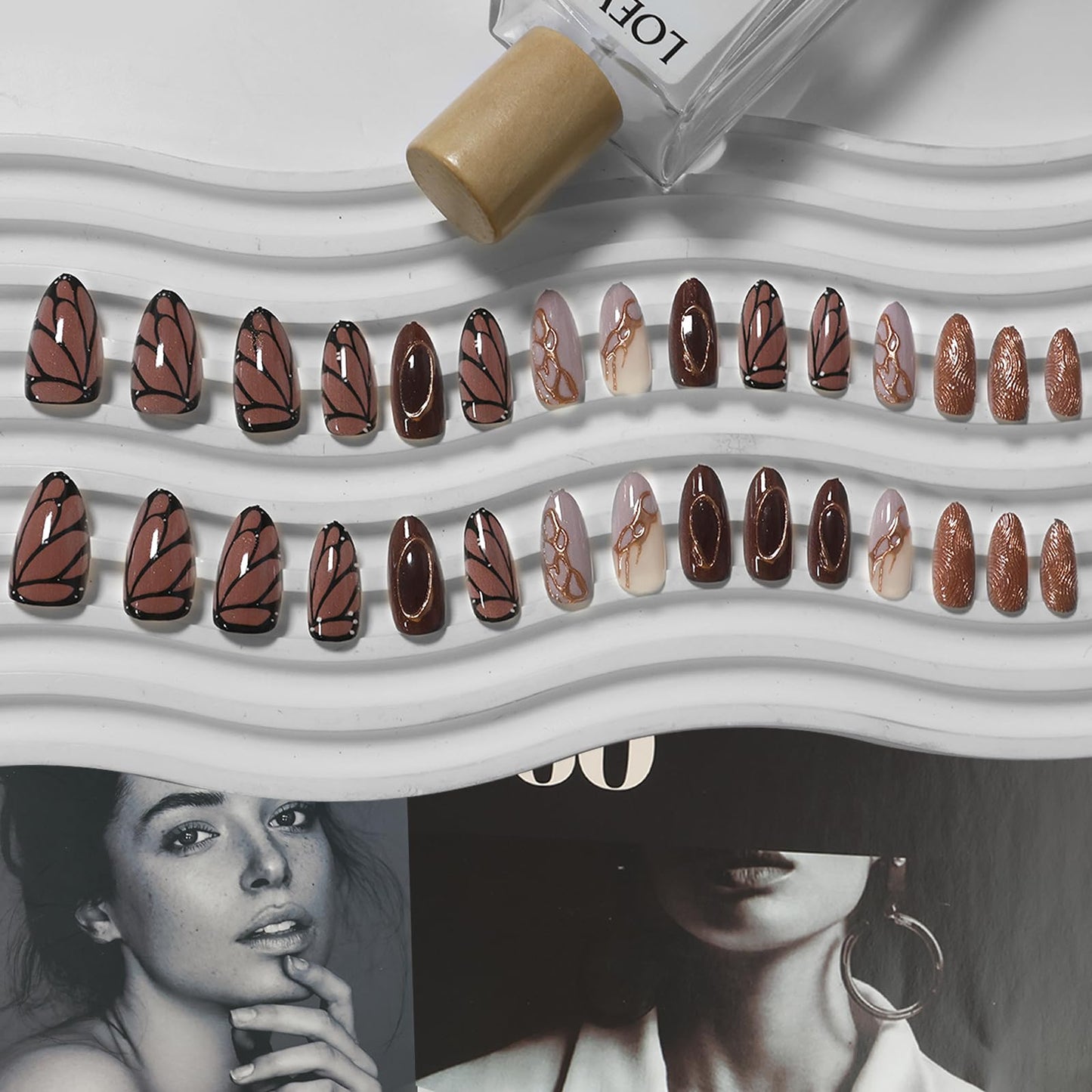 VOTACOS 24PCS Brown Acrylic Press on Nails Almond Medium Gold Glitter Fake Nails Press Ons with Designs Butterfly Pattern Glue on Nail for Women 3D Line Design Reusable Artificial Stick on False Nail