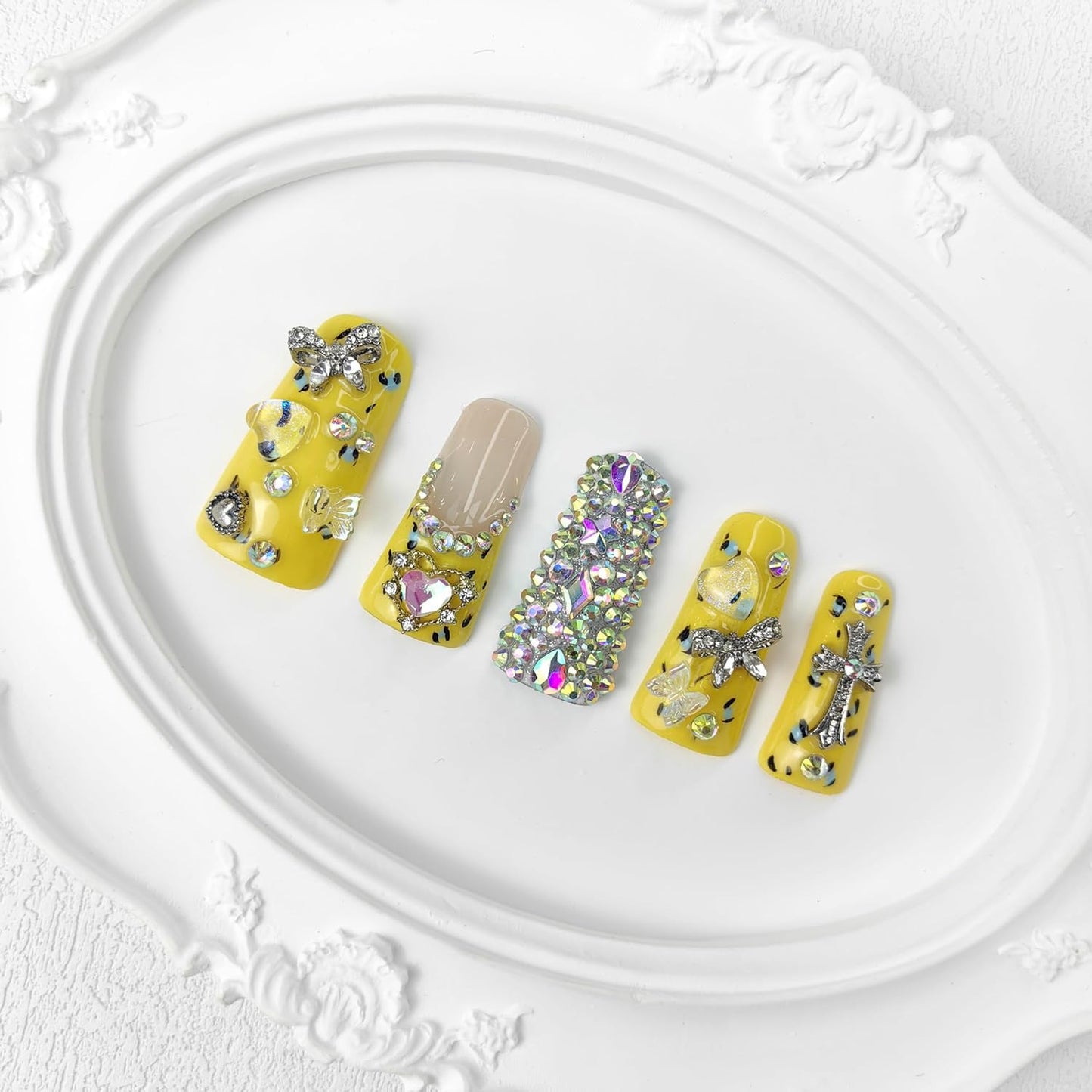 GGddsha 2025 Duck Nails Handmade PMMA Acrylic Medium Square Fake Nails with Rhinestones Love Star Design Reusable Full Coverage Duck Ladies Fake Nail (Yellow, M)